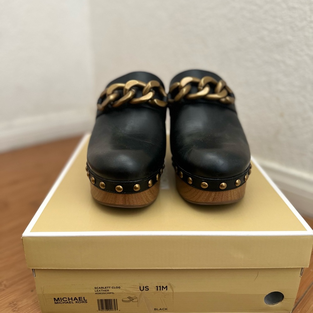 Michael Kors Scarlett Clog – Size 11 – Black Leather with Gold Chain Detail